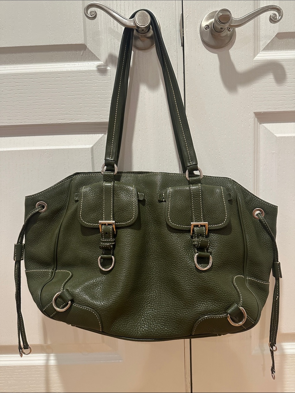 Vintage Prada Olive Green Pebbled Leather Shoulder Bag with Buckle Pockets